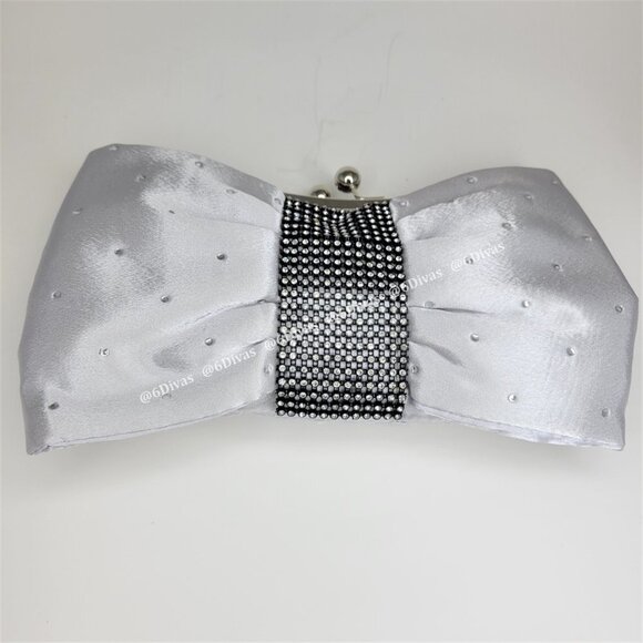 Silver Satin Glitter Evening Purse With Large Bow and Rhinestone Studded Accent - Picture 12 of 12